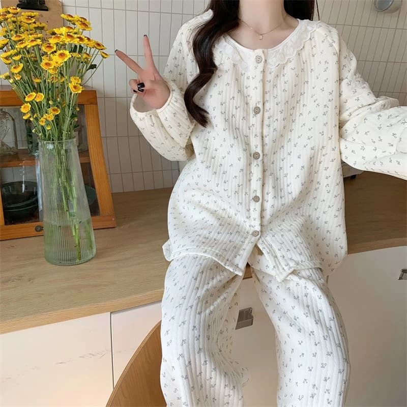 Floral Sleepwear Women Pajama Sets Spring Autumn Cotton top and Pants Sets Korean Cute Lace Night Wears Warm Sleeping Home Suit