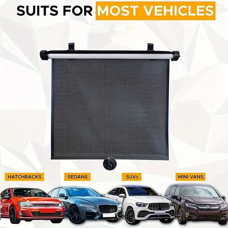 Retractable Car Parasol with Striped Design in Black Network Front for easy to use vehicle with compact storage size