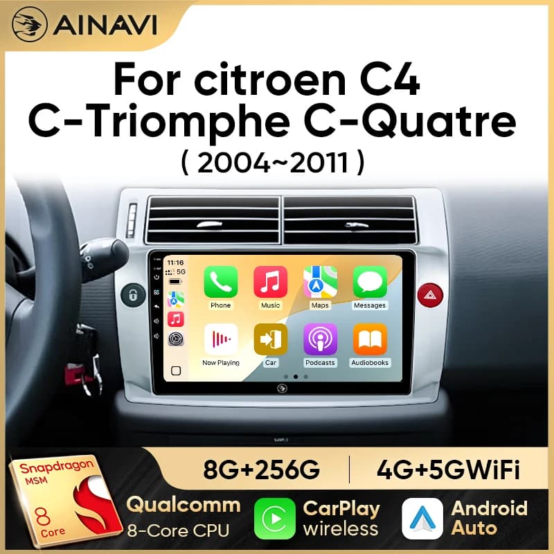Autoradio Ainavi per Citroen C4 C-Triomphe C-Quatre 2004 2005 2006 2007 2008 2009 Wireless Carplay Android Auto Multimedia 2 Din
