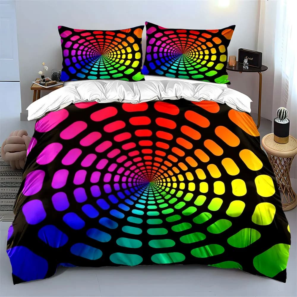 Set di biancheria da letto Rainbow Oval Tunnel Dot da 3 pezzi, copripiumino con stampa sfumata radiale su base nera, 2 federe King Queen, regalo