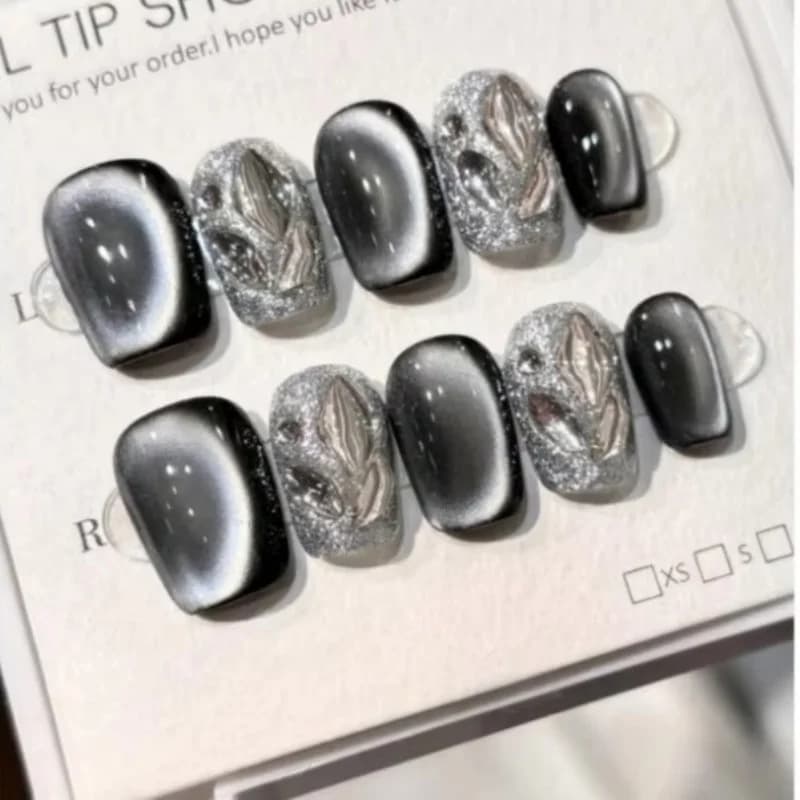 10 pcs Fin Nails Handmade Star Sky Effect Cat Eye, Black Design, Reusable and Removable