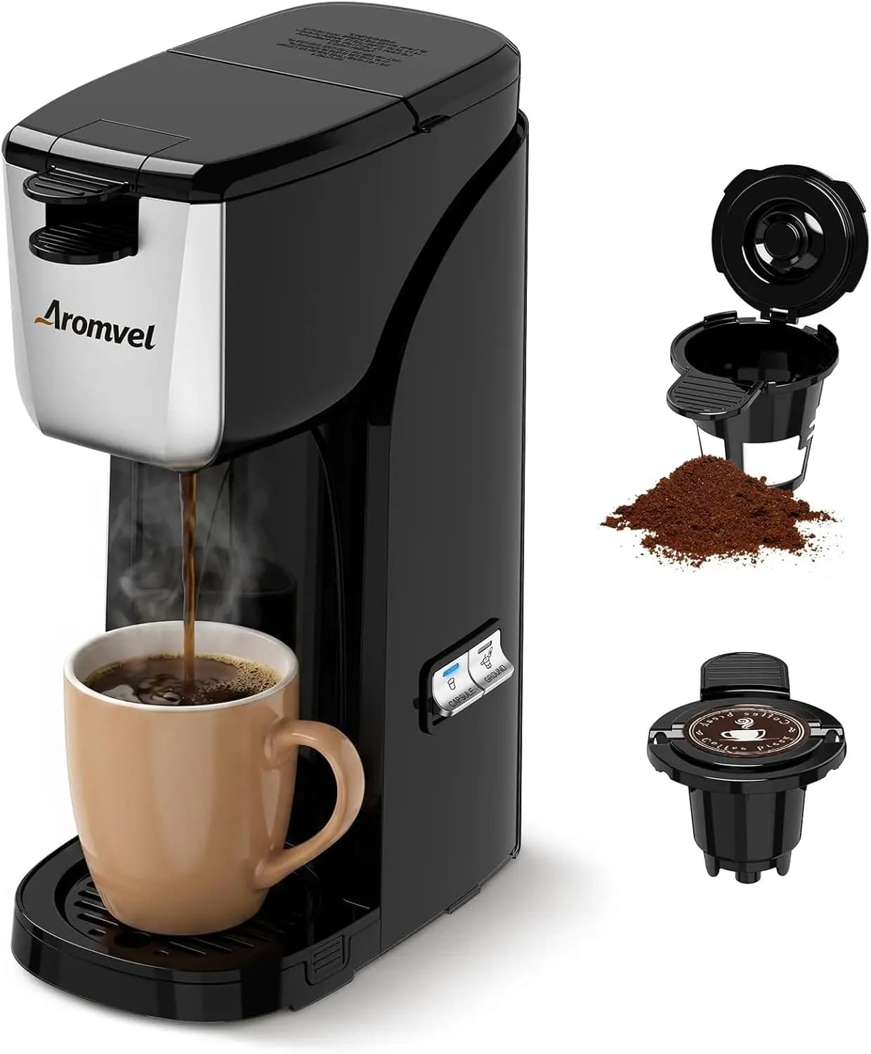 Macchina da Caffè 2-in-1 per Capsule K-Cup e Caffè Macinato, 6-14 oz, Compatta con Vassoio Raccogli Gocce Regolabile, Argento