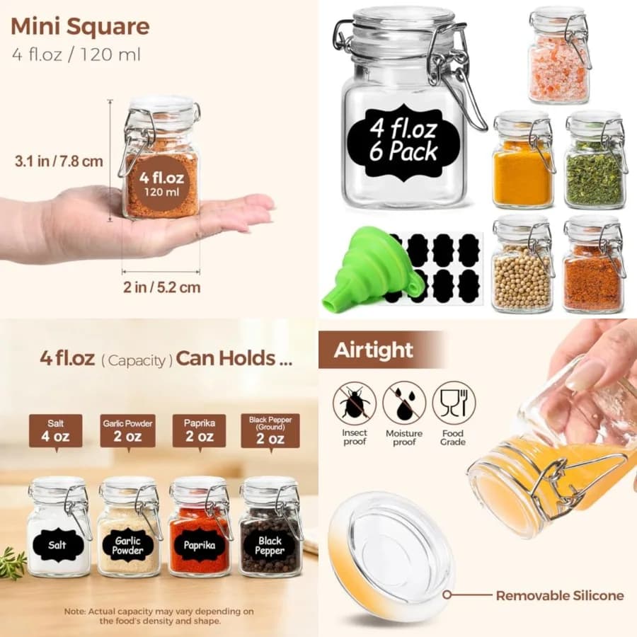 Set di 6 Barattoli Quadrati in Vetro per Spezie con Coperchi Ermetici da 4 Oz, Mini Barattoli con Chiusura a Filo Metallico per Miele, Erbe, Cucina Rustica