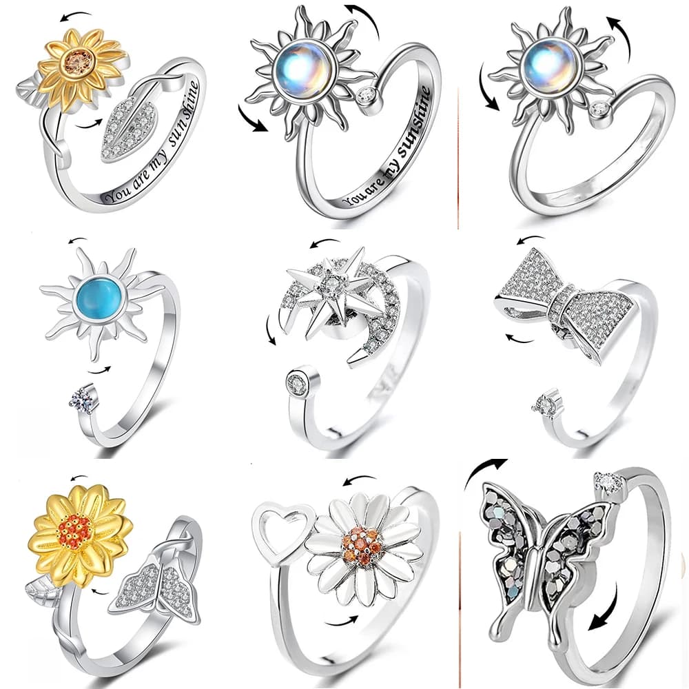 Girasole Fidget Spinner Ansia Knuckle Anelli per le donne Anti stress Rotante Metallo Rame Anello nuziale Gioielli per feste Anelli