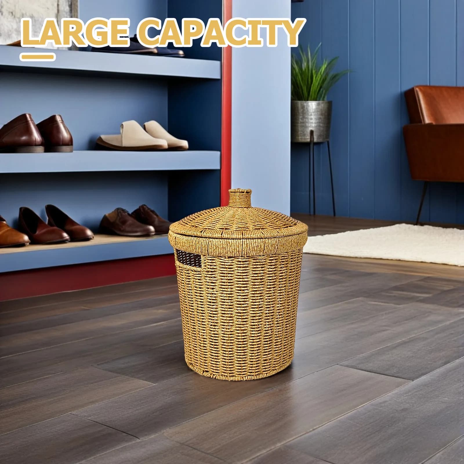 Cestino per Rifiuti in Imitazione Rattan, Rotondo, Intrecciato a Mano, Leggero, con Struttura in PP e Ferro, per Bagno, Cucina, Camera da Letto, Ufficio