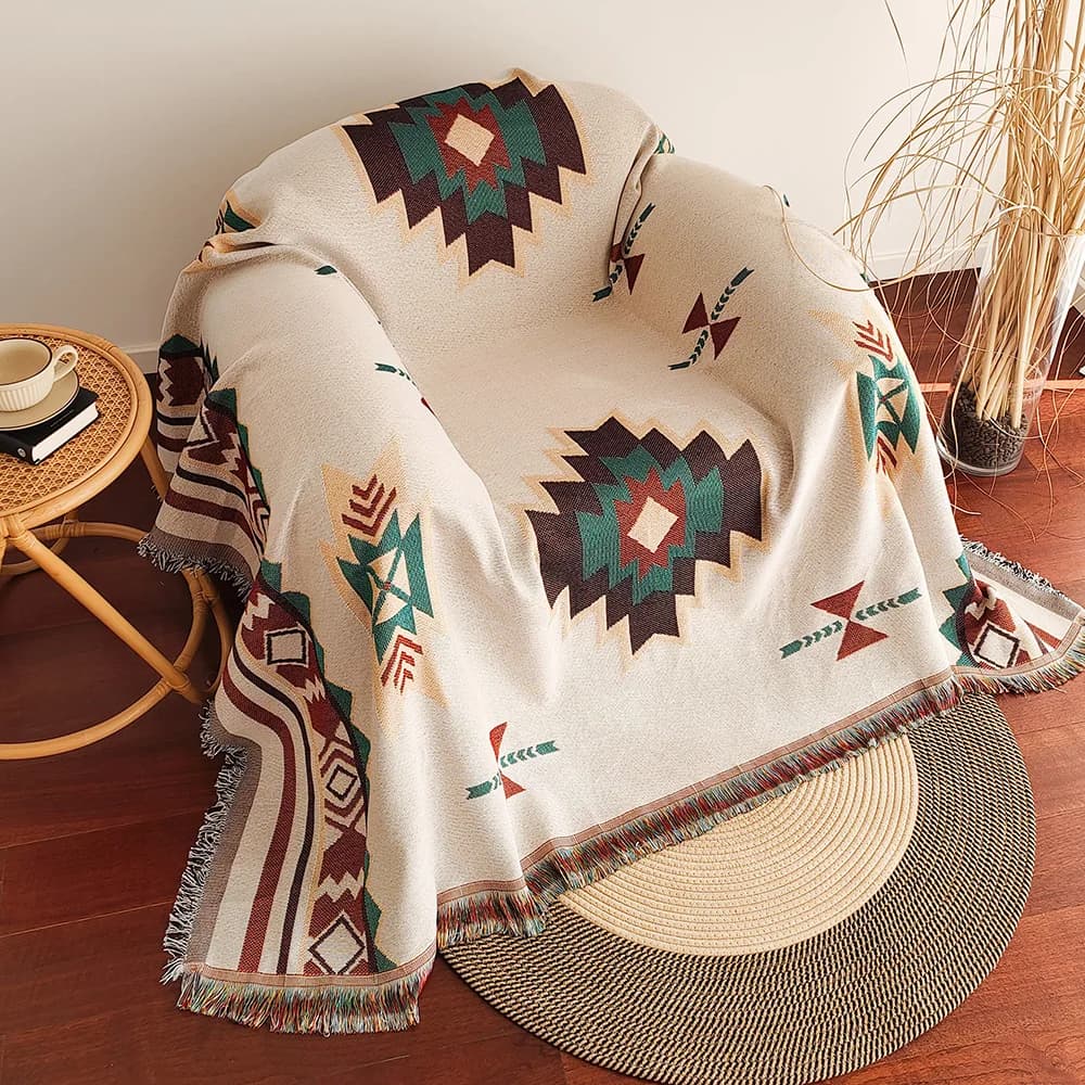 Coperta Aztec, Coperta Boho Oversize con Frange, Coperta Vintage Tessuta con Motivi Geometrici del Sud-Ovest, Double-Si