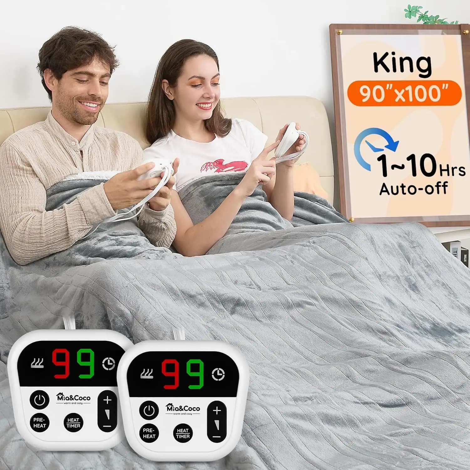 Coperta Elettrica Riscaldata King Size 90x100, Doppio Controllo, 10 Livelli di Calore, Timer di Spegnimento Automatico, Riscaldamento Rapido