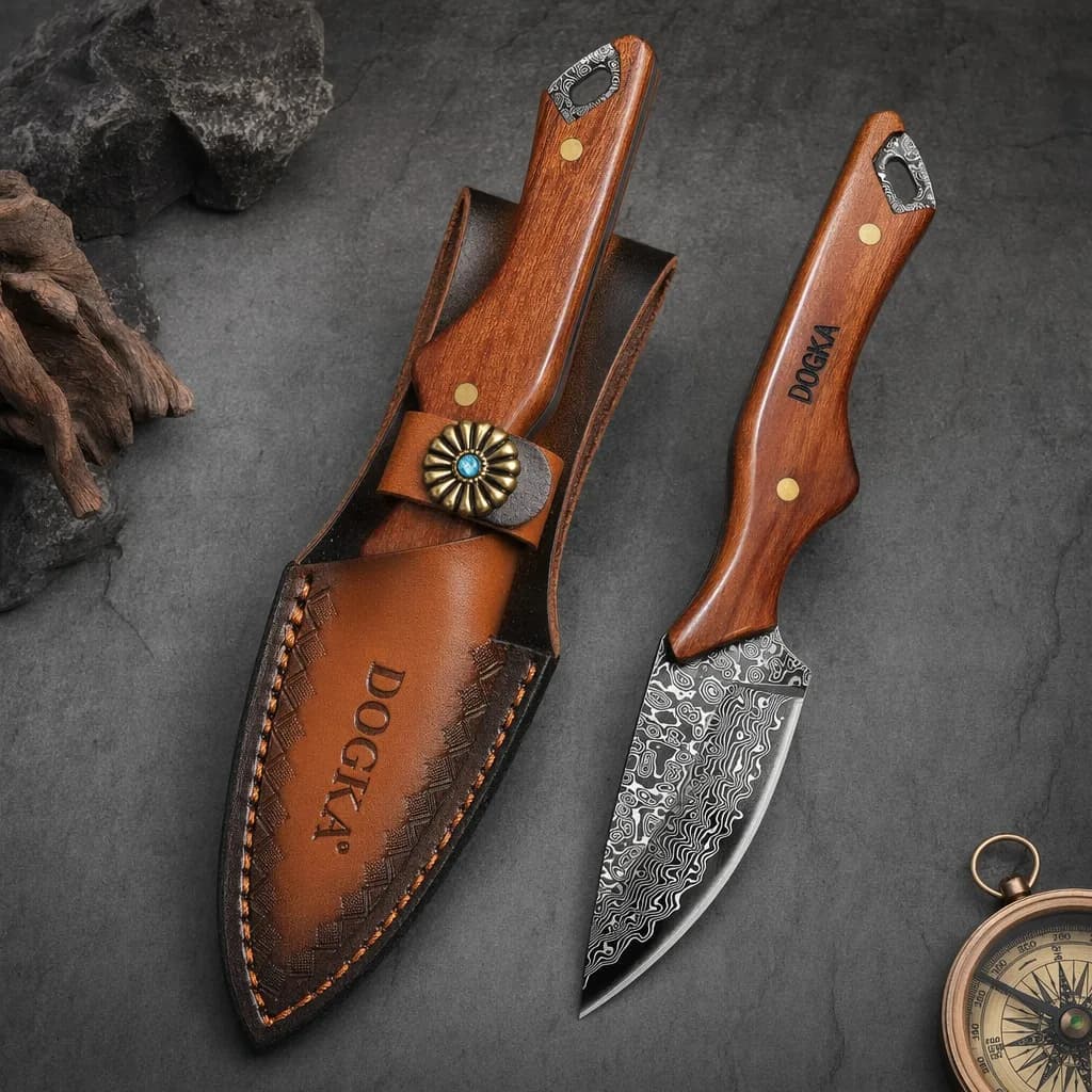 Damascus Steel Kitchen Utility Knife Solid Wood Handle with Leather Sheath Portable Outdoor Camping Cooking Cutting Tool