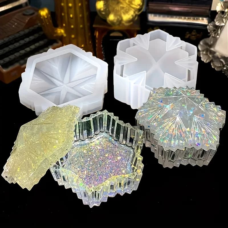 Stampo in silicone per barattolo di gioielli in resina con scatola per fiocchi di neve con coperchio, scatola di immagazzinaggio, stampo per colata epossidica per gingillo per contenitori di caramelle fai da te
