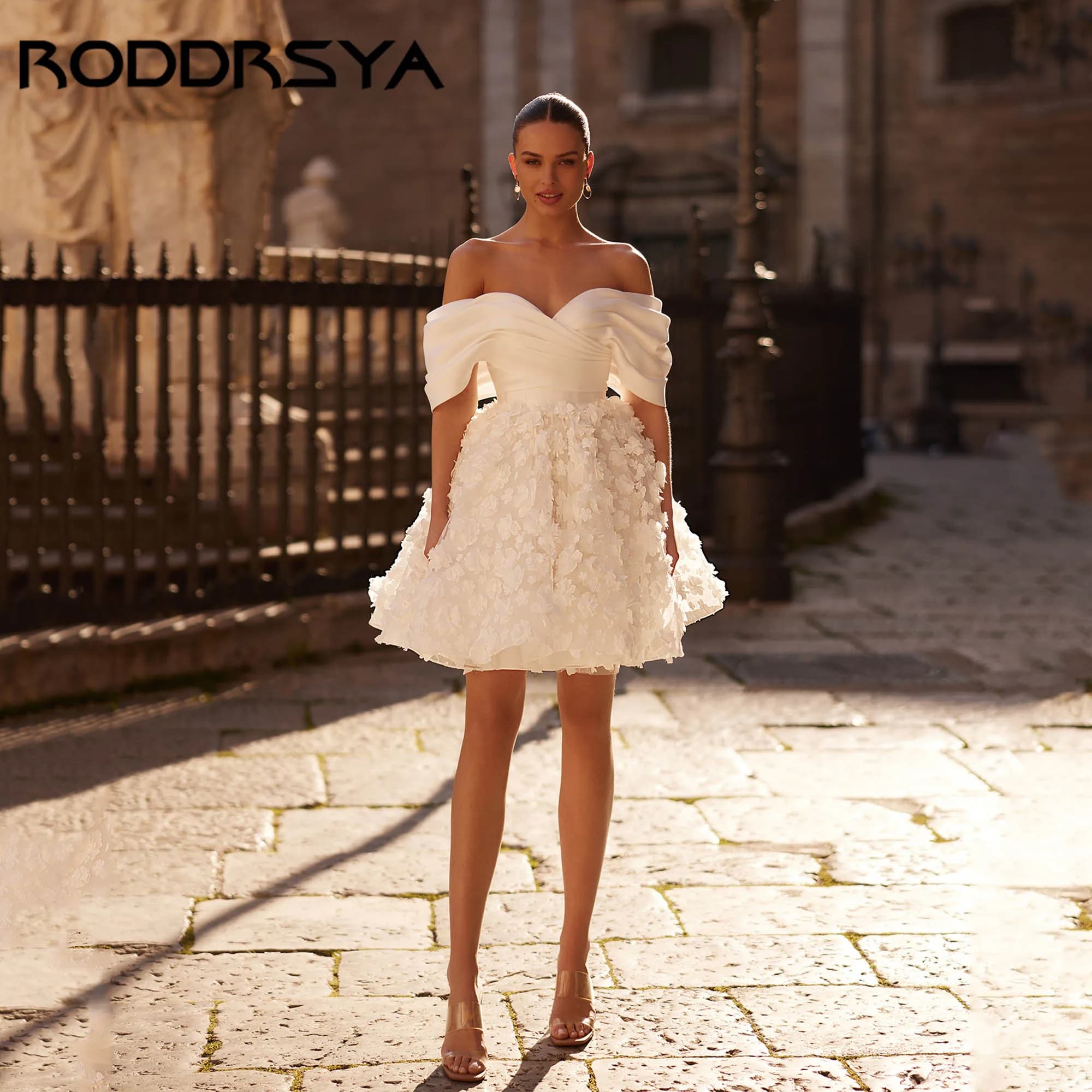 RODDRSYA Short 3D Floral Wedding Dress A-line Off Shoulder Bridal Party Gowns Elegant Mini Backless vestidos de novia Customized