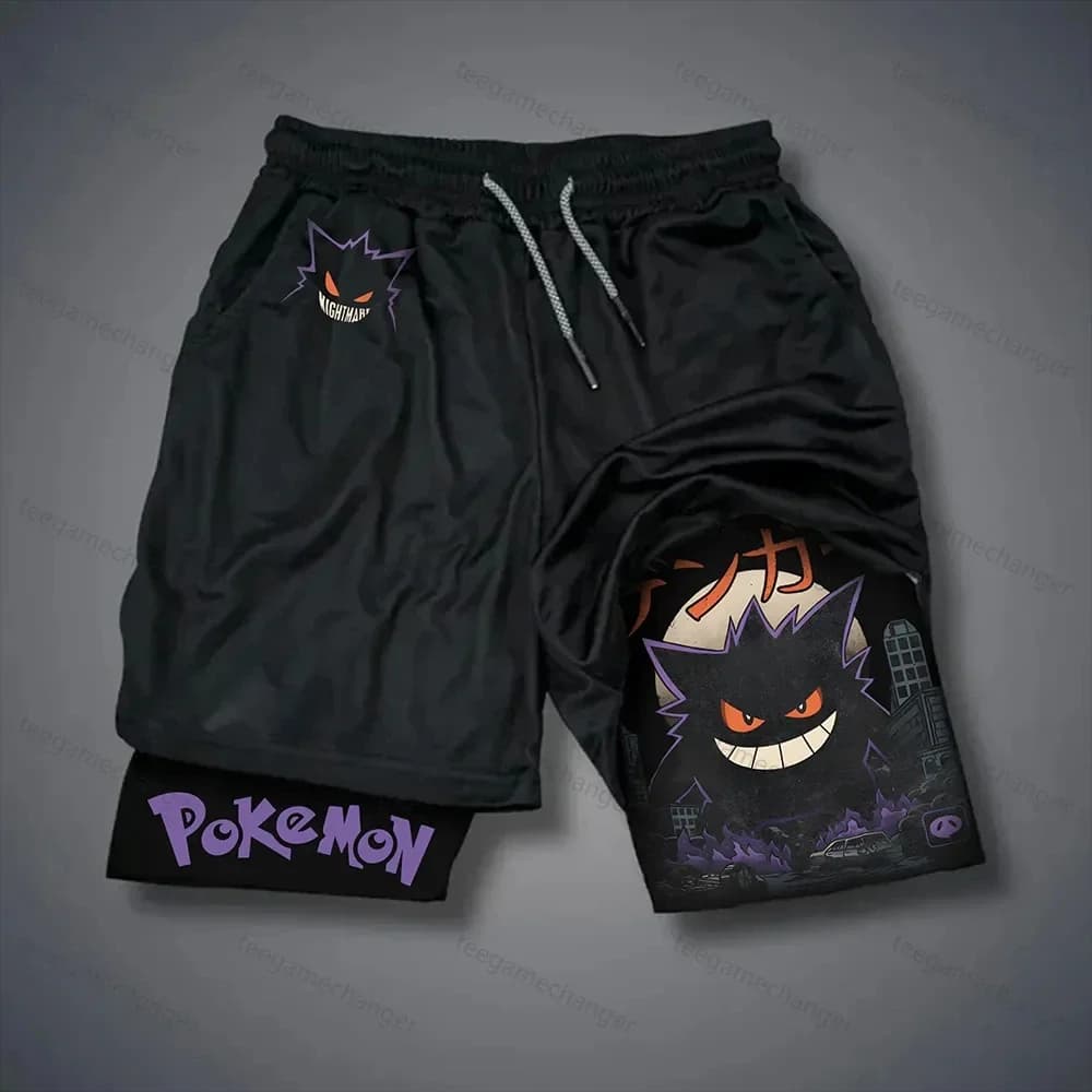 Double layered black sports shorts with Pokémon Anime print, men's and women's summer shorts, new swim shorts 2 in 1 quick drying breathable