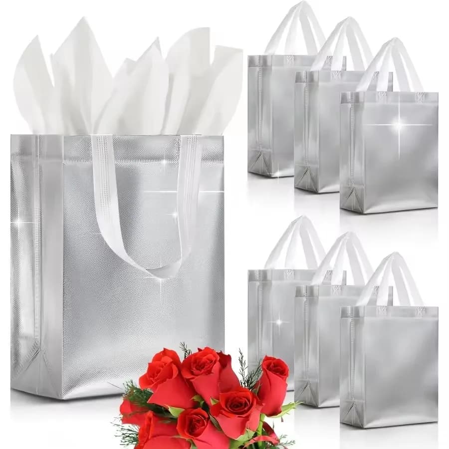 20/10 sacchetti regalo riutilizzabili, sacchetti regalo lucidi argento, con manico 10x4x8 pollici, design metallizzato brillante, sacchetto regalo natalizio con manici