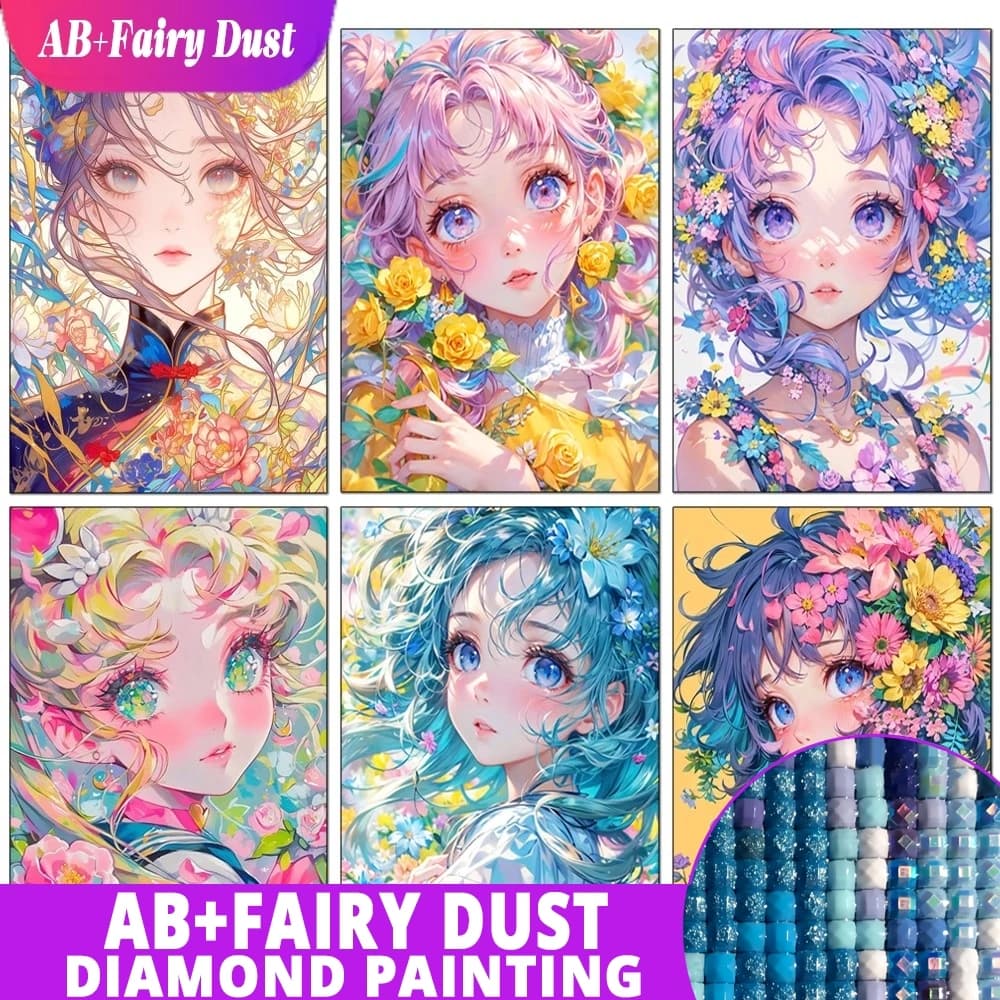 AB Fairy Dust 5D Diamond Painting Cartoon Girl Flower Full Diamond Mosaic Cross Stitch Set Home Decoration Art
