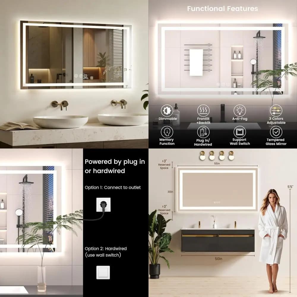 Specchio da Bagno LED Illuminato 55x30 con Funzione Anti-Appannamento, Retroilluminato e Illuminato Frontalmente, Specchio da Toeletta in Vetro Temperato Dimmerabile