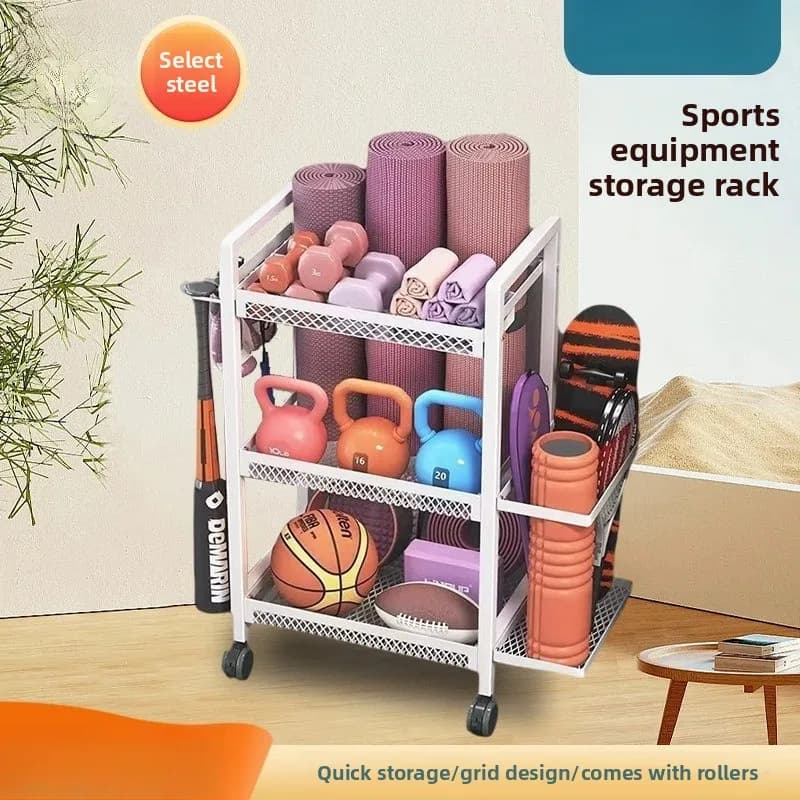 Portable Movable Multifunctional Household Living Room Storage Rack for Yoga Mat Foam Roller Sports Fitness Supplies Equipment