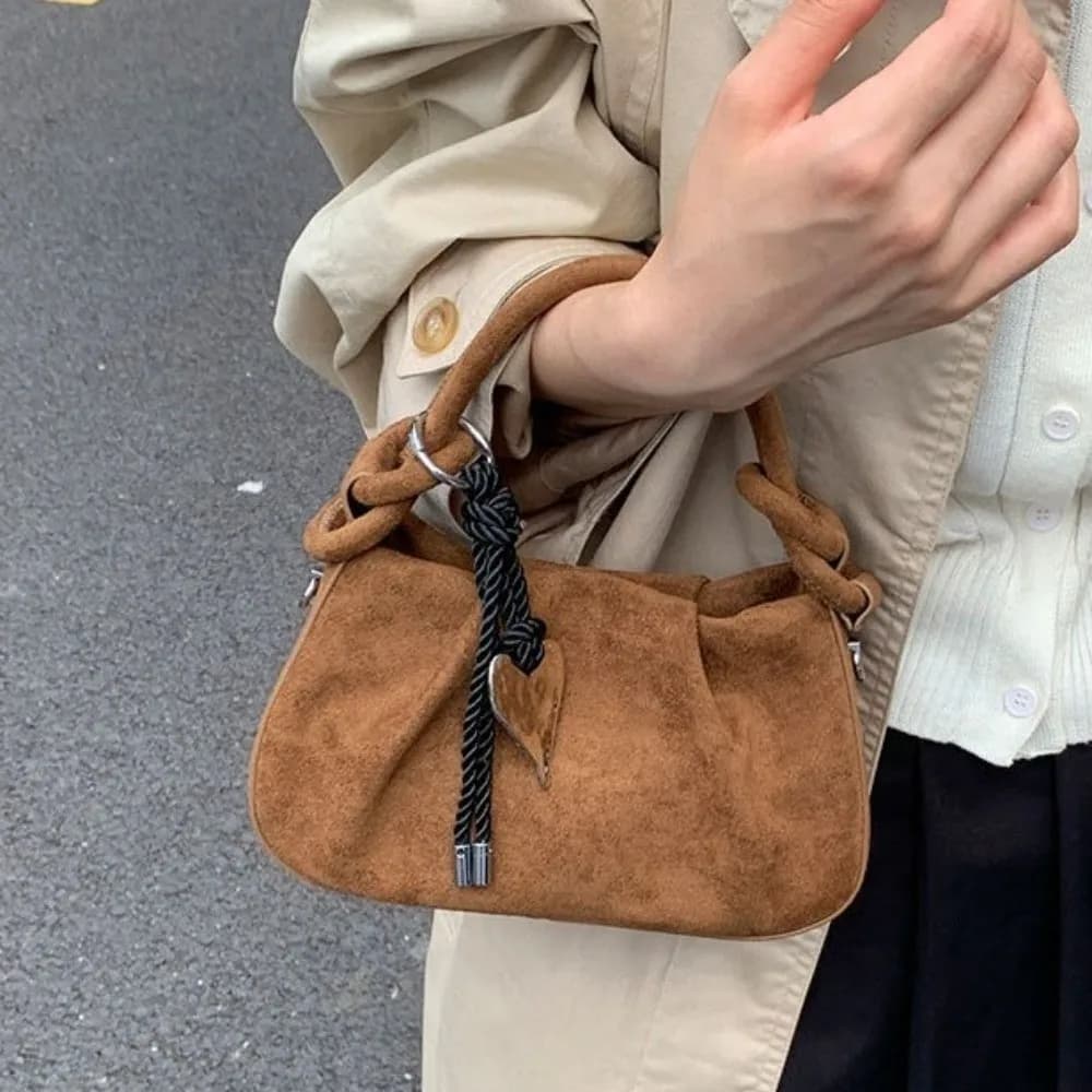 Solid Color Suede Shoulder Bag Short Handle Adjustable Strap PU Leather Handbag With Pendant Korean Style Crossbody Bag