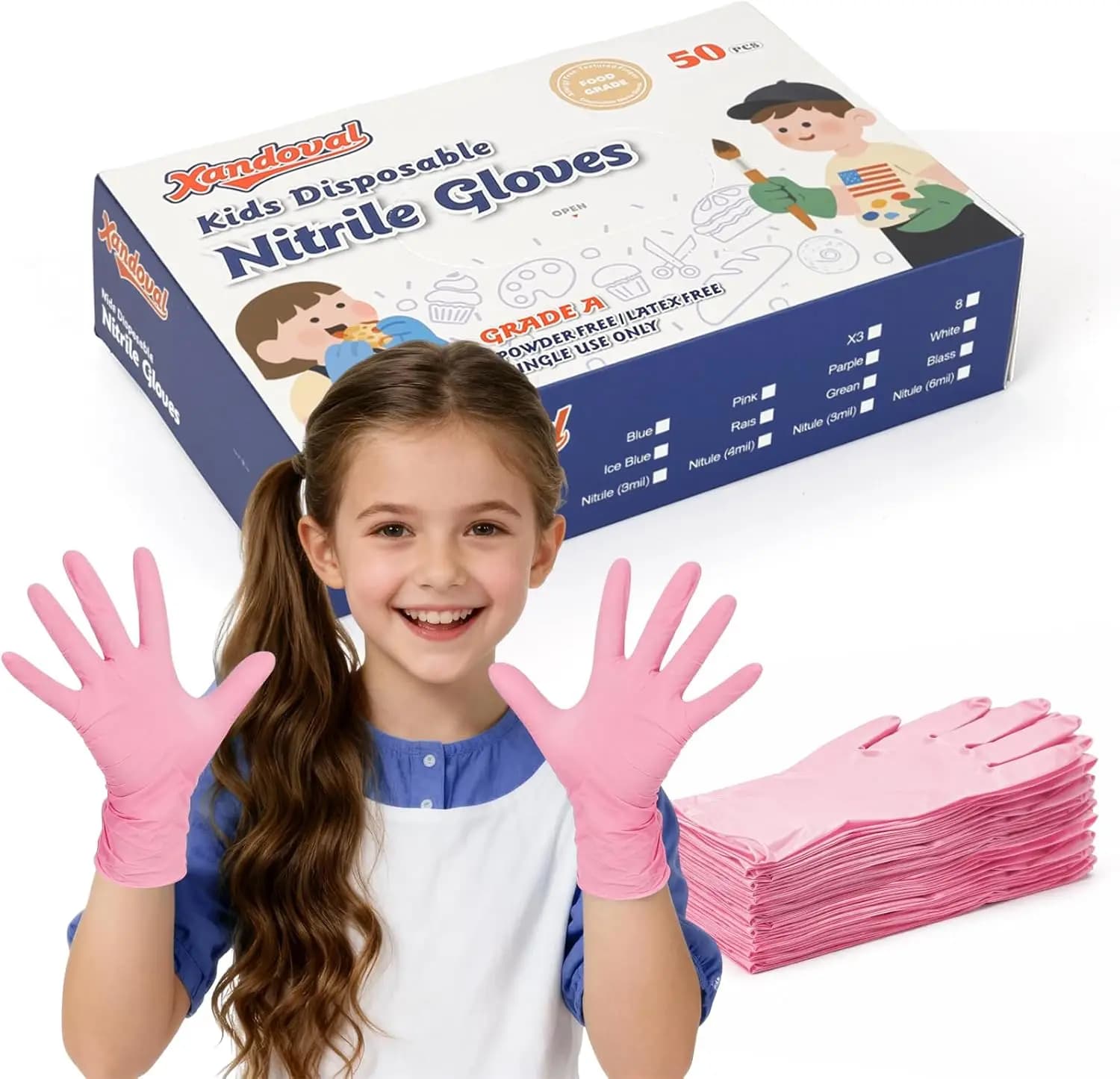 Kids Disposable Gloves for 3-8 Years, 5Mil Pink Nitrile, Latex-Free, Powder-Free, Durable for Work, Cleaning, Cooking, Gardening (XS, 50PCS)