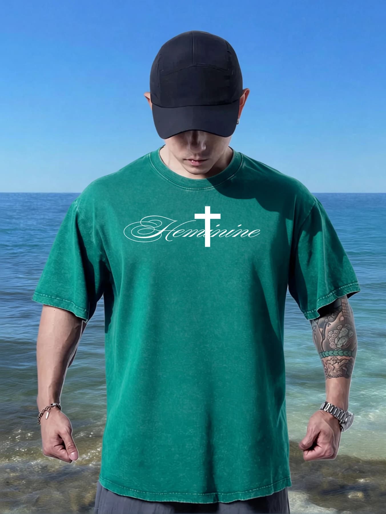 Letter And Cross Design Print Men Cotton Breathable Washed Tshirt Summer Casual Short Sleeve All-Match Hip Hop Sportswear Unisex