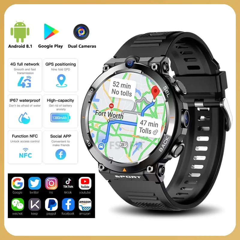 Google Play Scheda SIM di rete 4G da 1,39 pollici Smart Watch Doppia fotocamera GPS WIFI NFC Robusto 64G-ROM IP67 Android Uomo Donna Smartwatch