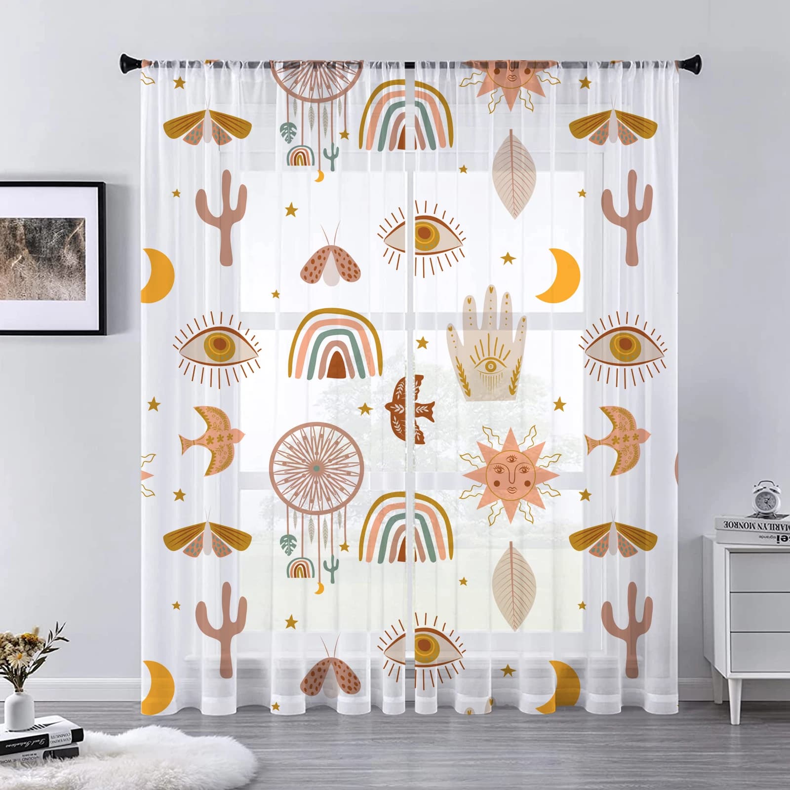 Bohemian Sun Moon Star Dreamcatcher Rainbow Sheer Voile Curtain for Living Room Decor Leaves Cactus Kitchen Window Tulle Curtain