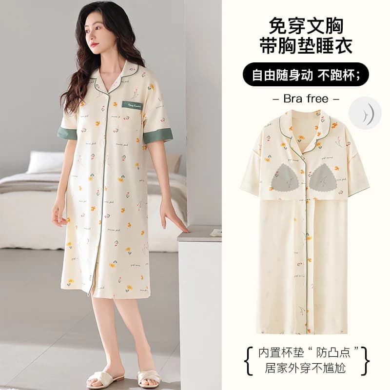 The latest M-5XL short sleeved women's night shirt with padding on the chest. Women's knitted cotton nightdress
