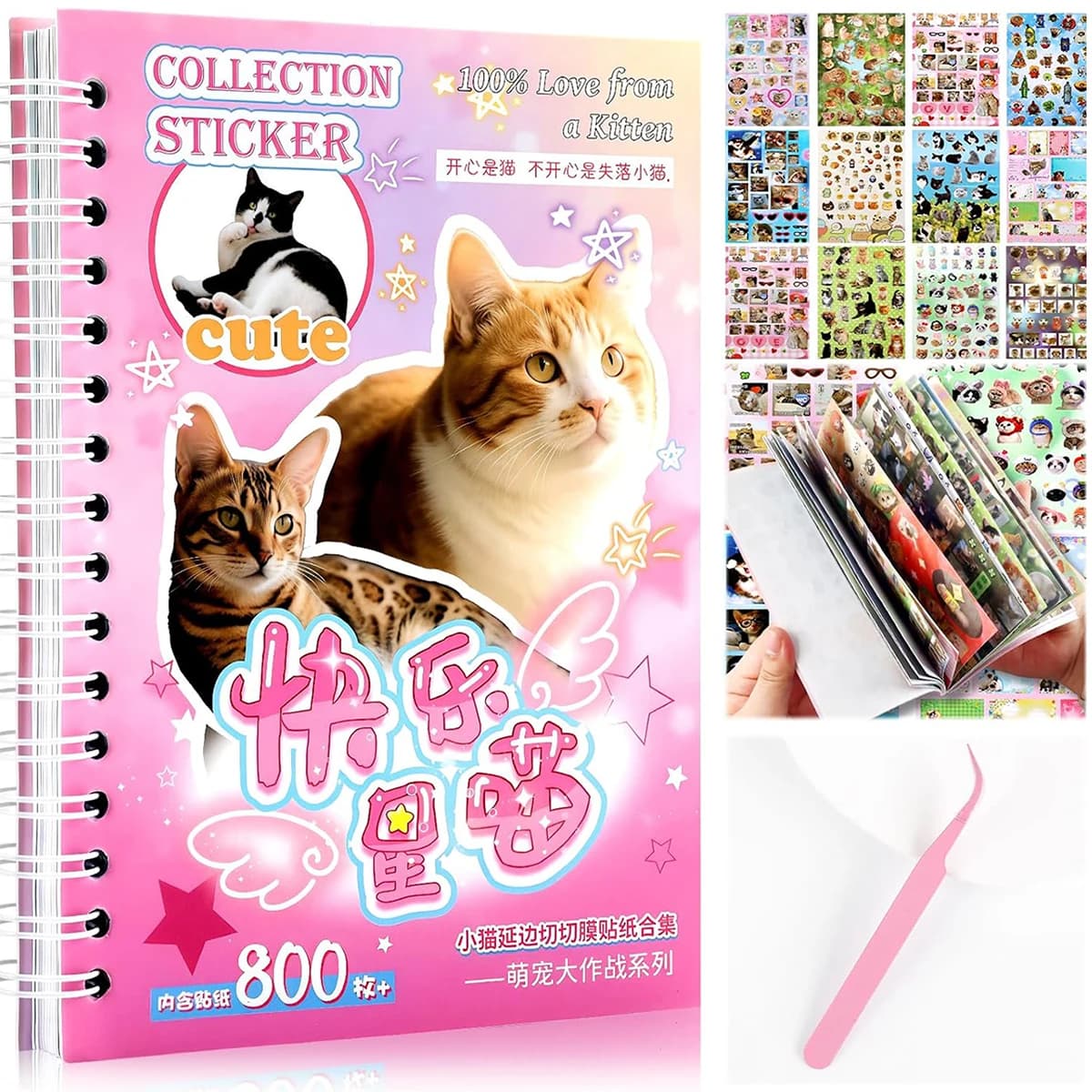 Libro di Adesivi Meme per Cani e Gatti, 30 Pagine, 800+ Adesivi Fustellati, 3 Tipi di Rivestimento, per Scrapbook, Diario, Planner, Carta Artistica Premium, Carino