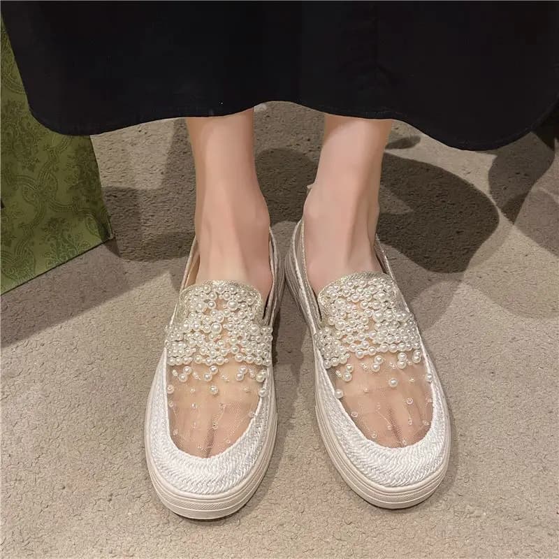 Women's Moccasins with thick sole 2025 Spring Summer Mesh ventilated style with slip-on shoes embellished with crystals Fashion footwear