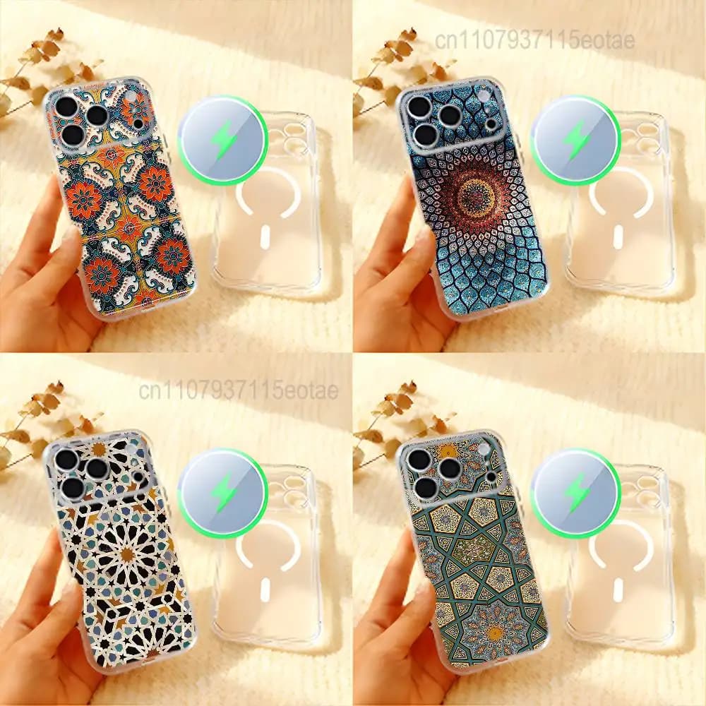 Cover per iPhone con motivo marocchino Art Tile per iPhone 17, 16, 15, 14, 13, 12, 11 Pro, Max, Plus, Mini, Air, E, magnetica, trasparente satinata