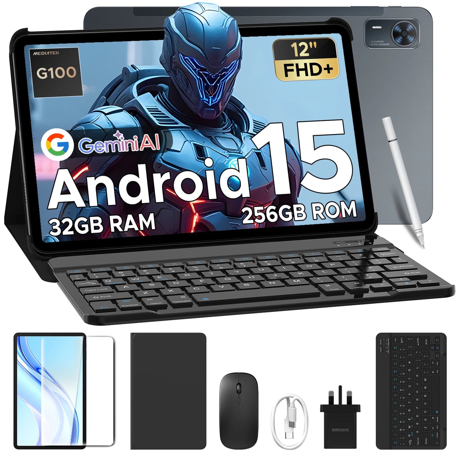 DOOGEE Tab E3+ Tablet 2 in 1 PC Gemini AI 12" Helio G100 32GB(8+24) 256GB Batteria 8800mAh Doppi Altoparlanti Android 15 Smart Pad
