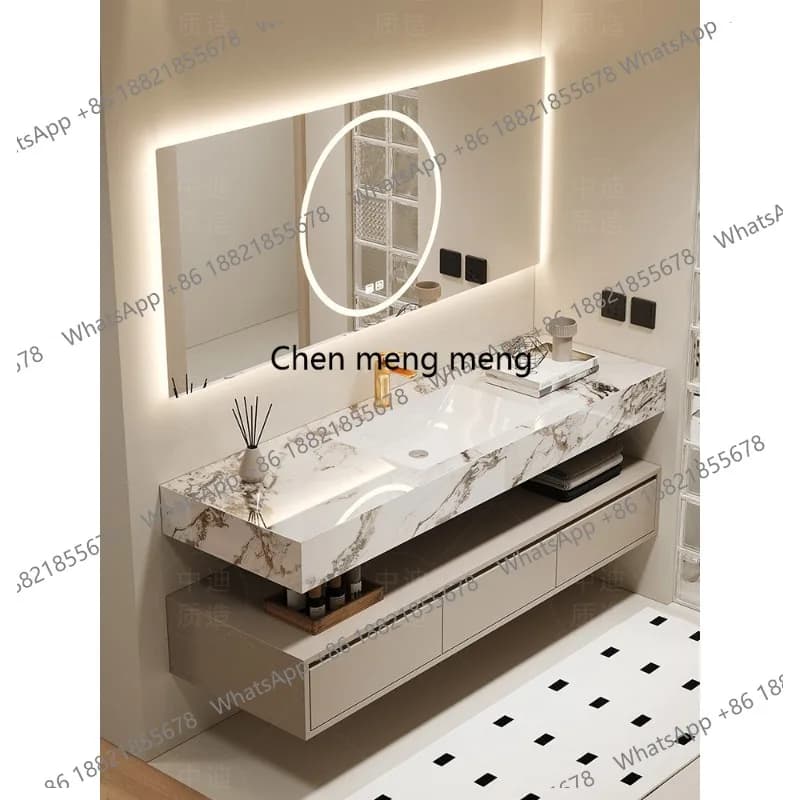 Mobile Bagno con Lavabo Integrato in Ceramica, Combinazione Top Lavabo e Specchio Smart per Hotel, Stile Crema