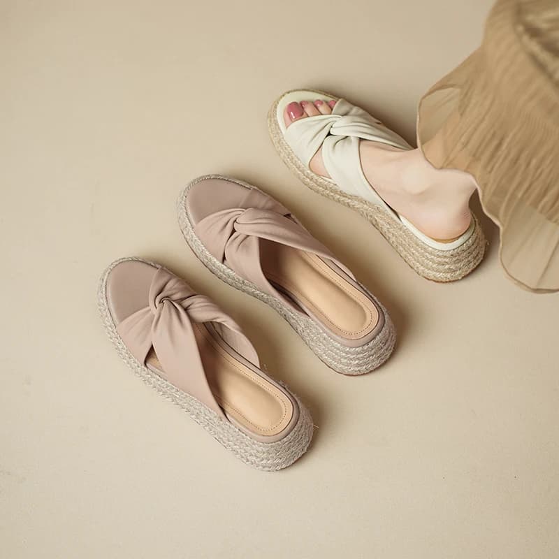 2026new summer women sandals natural leather 22-25cm sheepskin+cowhide cross-tied mules high heel wedges women slippers fashion