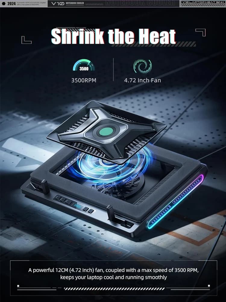 Supporto per dispositivo di raffreddamento per laptop V10 RGB con potente ventola di raffreddamento turbo esterna da 4,72 pollici, raffredda rapidamente PC da 13-17,3 pollici, USB C&A a 4 porte