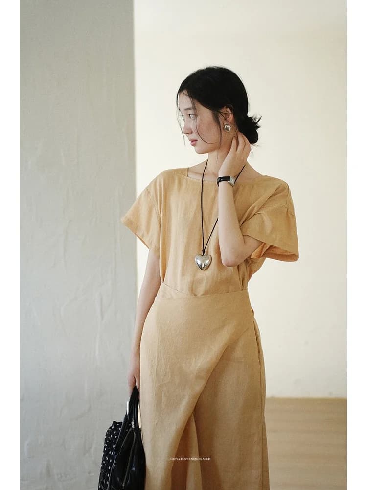 Lalaglow Slimming Full Flax Old Money Style Belted Summer Dress Women's Short Sleeve H-Line Casual French Style Dress