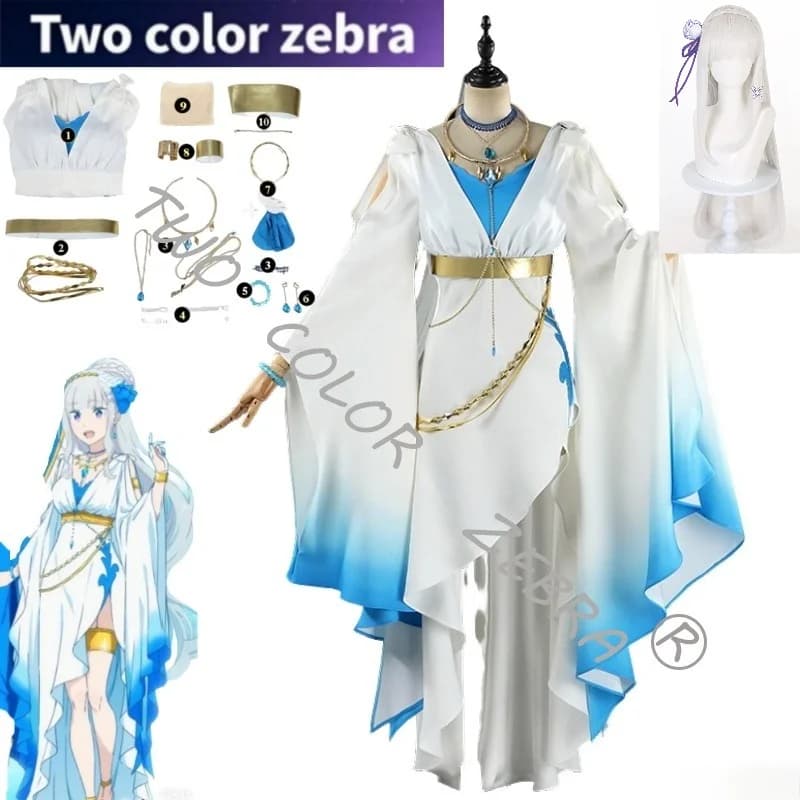 King:Life In A Different World From Zero Emilia Cosplay Costume White Blue Style exotic Evening Dress for Halloween
