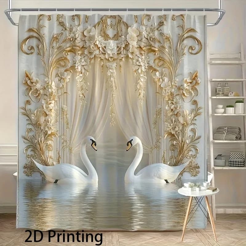 Tenda da doccia barocca oro beige con stampa due cigni in poliestere lavabile in lavatrice con ganci per l'arredamento del bagno dell'hotel domestico