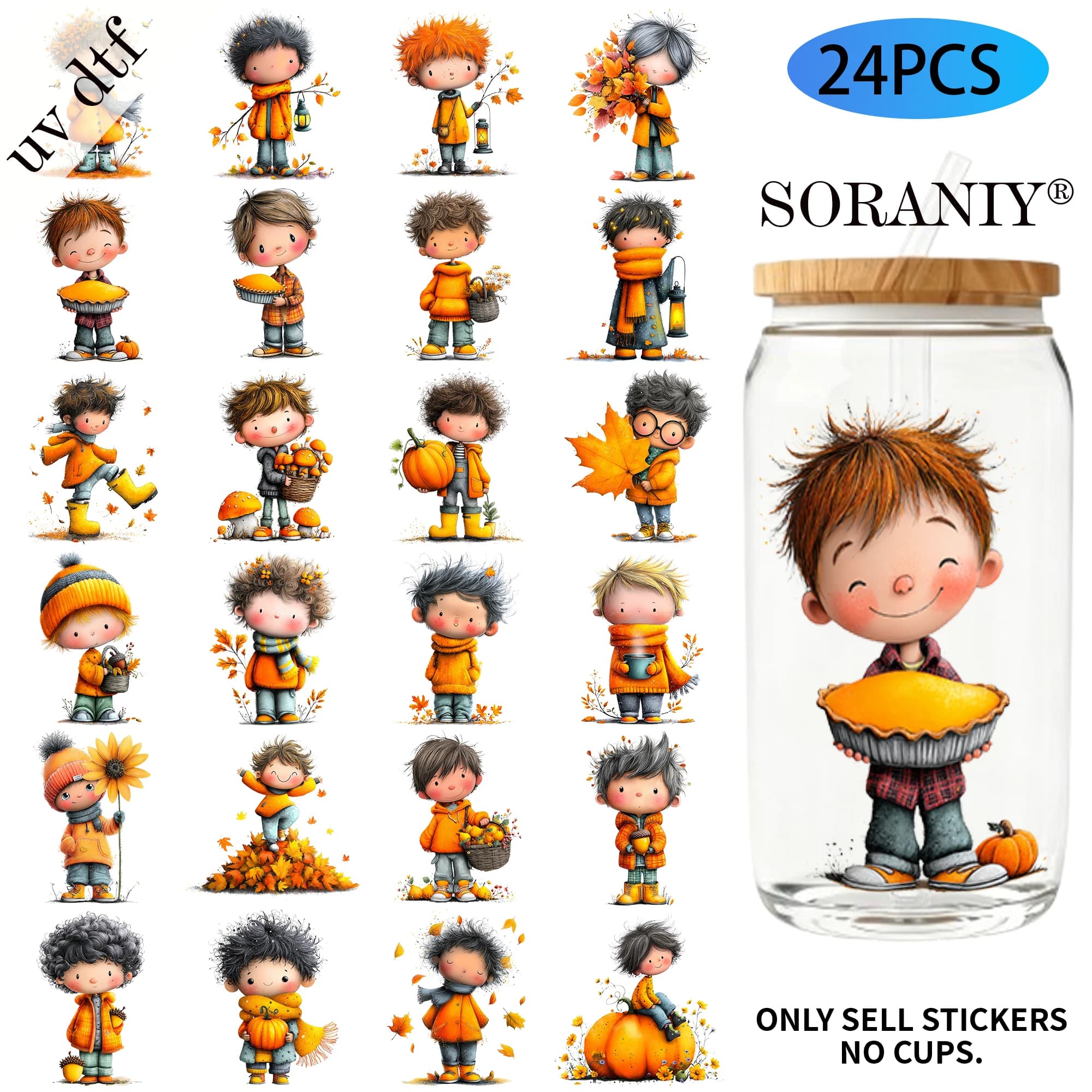 24PCS/Set Whimsical Autumn Boy Seal Themed UV DTF 16OZ DIY Transfer Paper Set Used For 16oz Water Bottles Glass BottlesDIY Stick