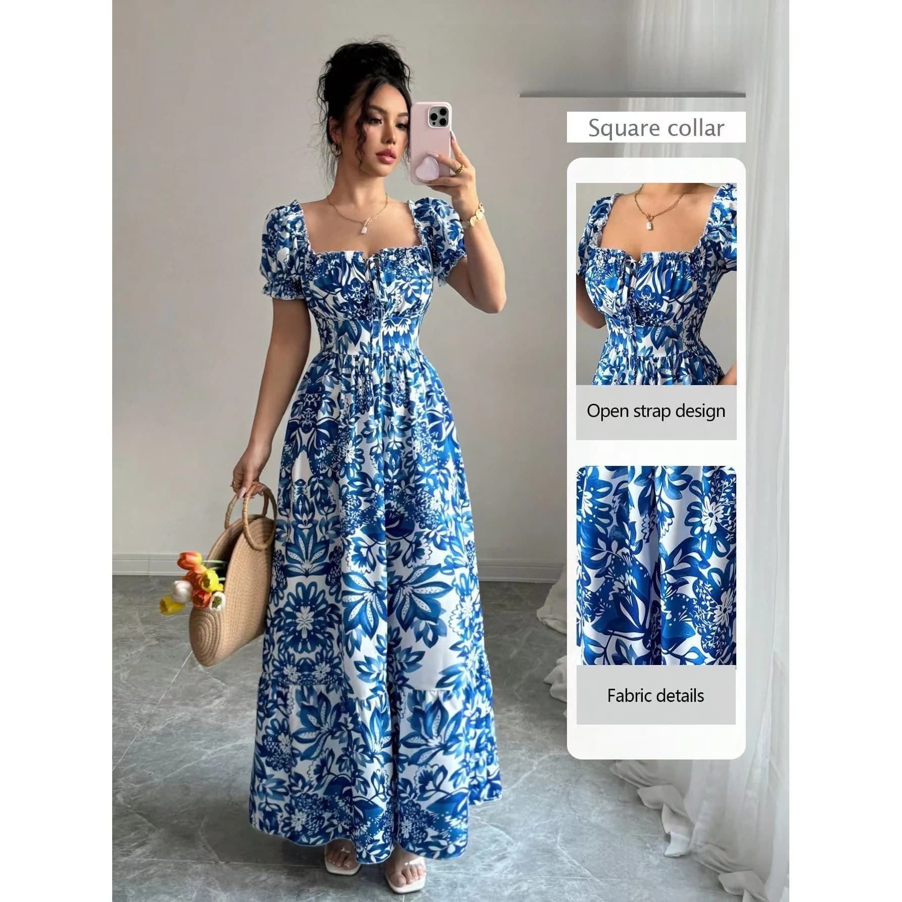 Elegant Digital Print Puff Sleeve Square Collar Waist Cinched Dress Women's Long Dress Short Sleeve Polyester Bubble Sleeve