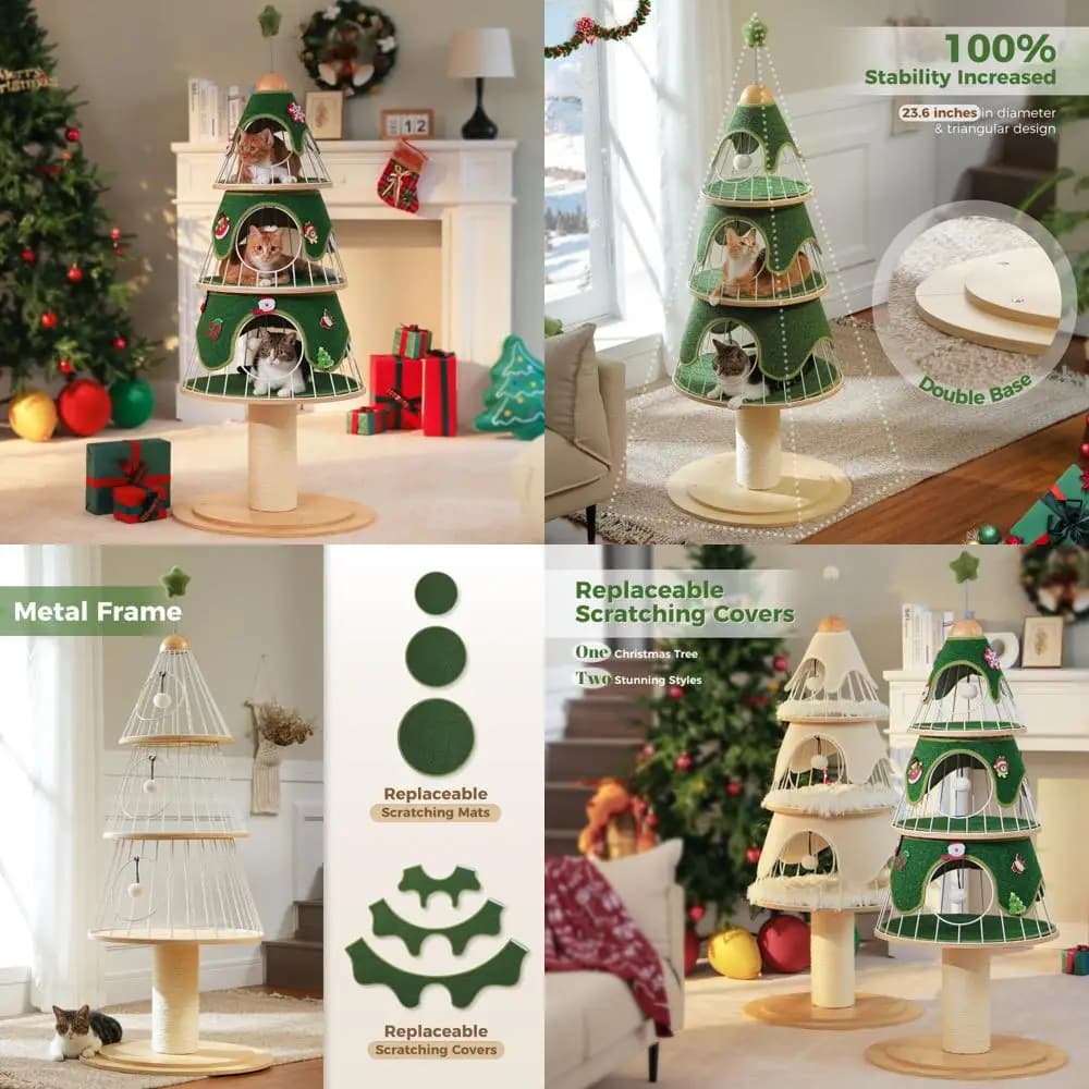 Robusta torre per gatti in legno con tiragraffi spesso e 3 condotti: mobili resistenti ispirati all'albero di Natale per gatti