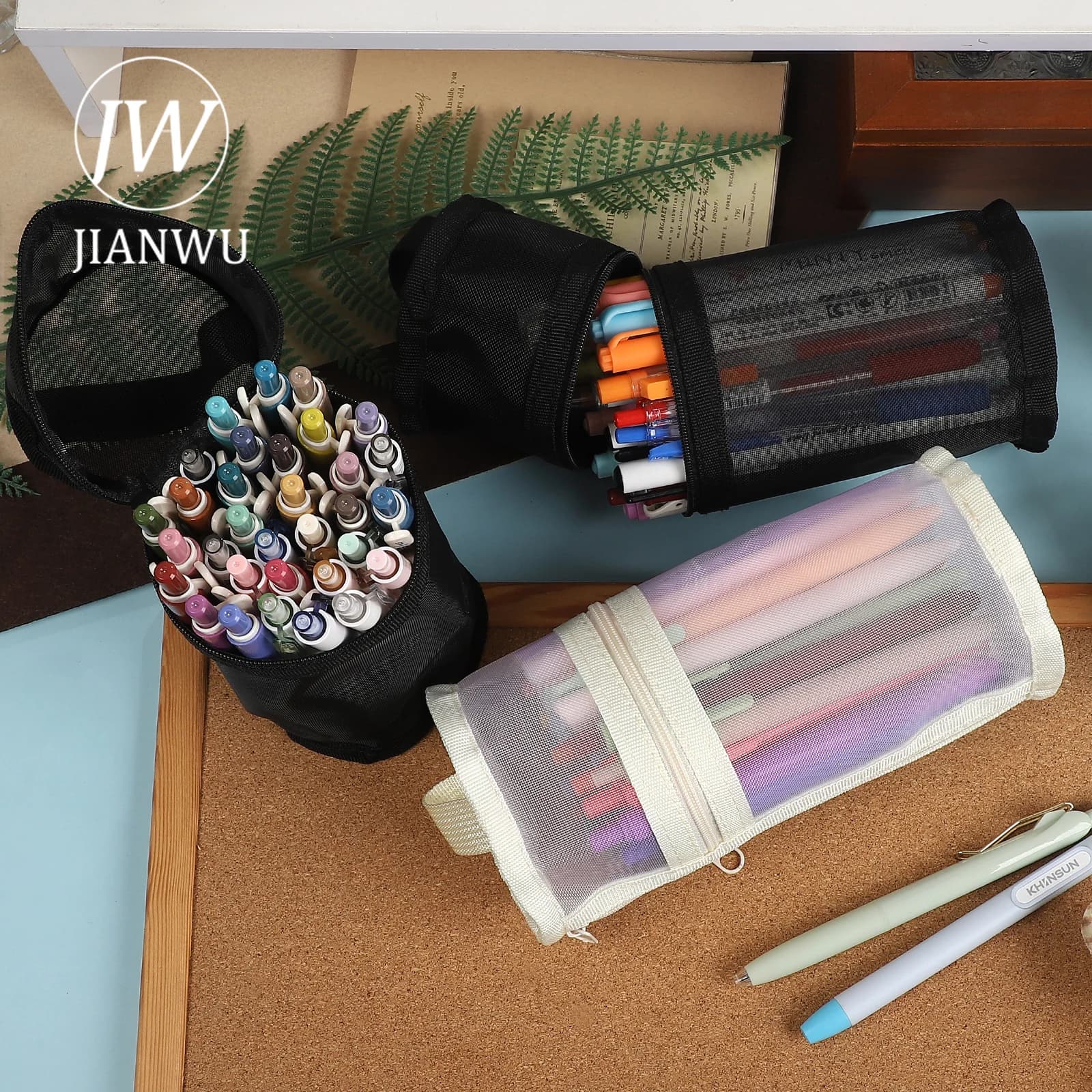 JIANWU Pen Holder Style Mesh Pencil Bag Large Capacity Storage journal Material Pencil Case Creative Student Supplies Stationery