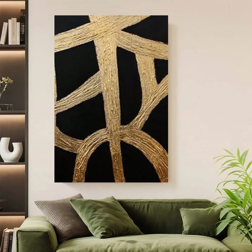 Quadro su tela incorniciato, decorazione da parete moderna, immagini artistiche da parete per soggiorno, decorazione da parete astratta nera e oro, opera d'arte per pareti S