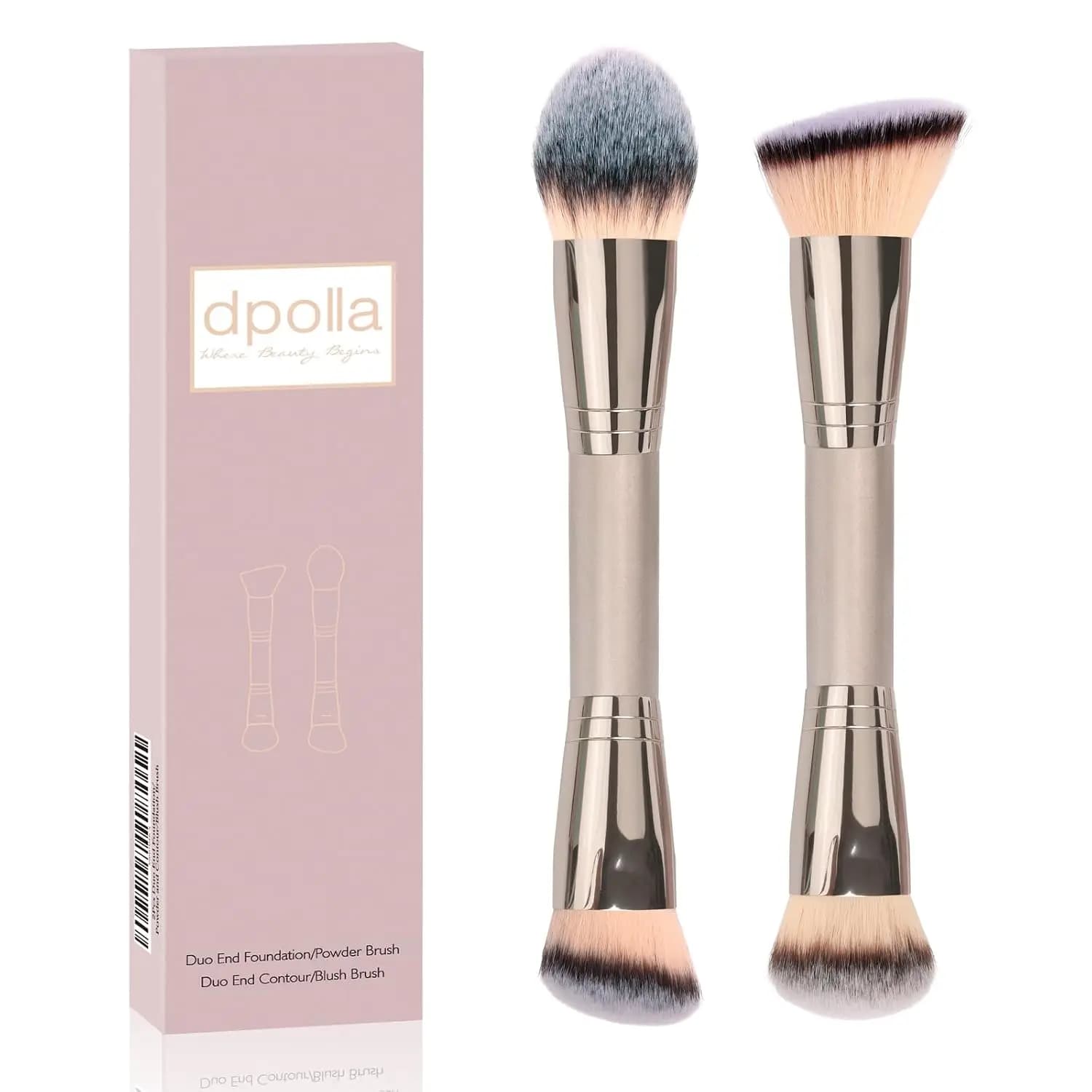 2Pcs Dual-Ended Makeup Brushes for Foundation, Powder, Blush & Contour - Travel-Friendly & Silky Soft