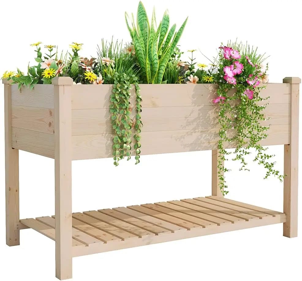 BIRASIL Fioriera Rialzata in Legno per Esterni, Grande Vaso Rinforzato con Ripiano Portaoggetti per Orto e Giardino
