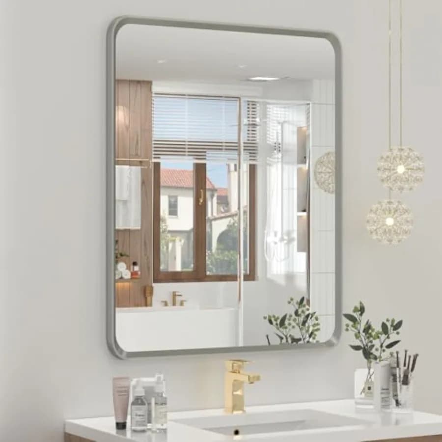 Specchio da Bagno Rettangolare Arrotondato 20 x 24 Pollici in Nichel Spazzolato, Specchio da Parete con Cornice Smussata HD