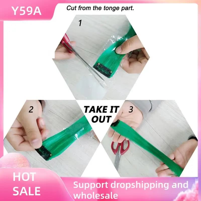 Y59A 65 colored pieces for parties highlight colored clips in hair extensions 55 cm synthetic straight, rainbow