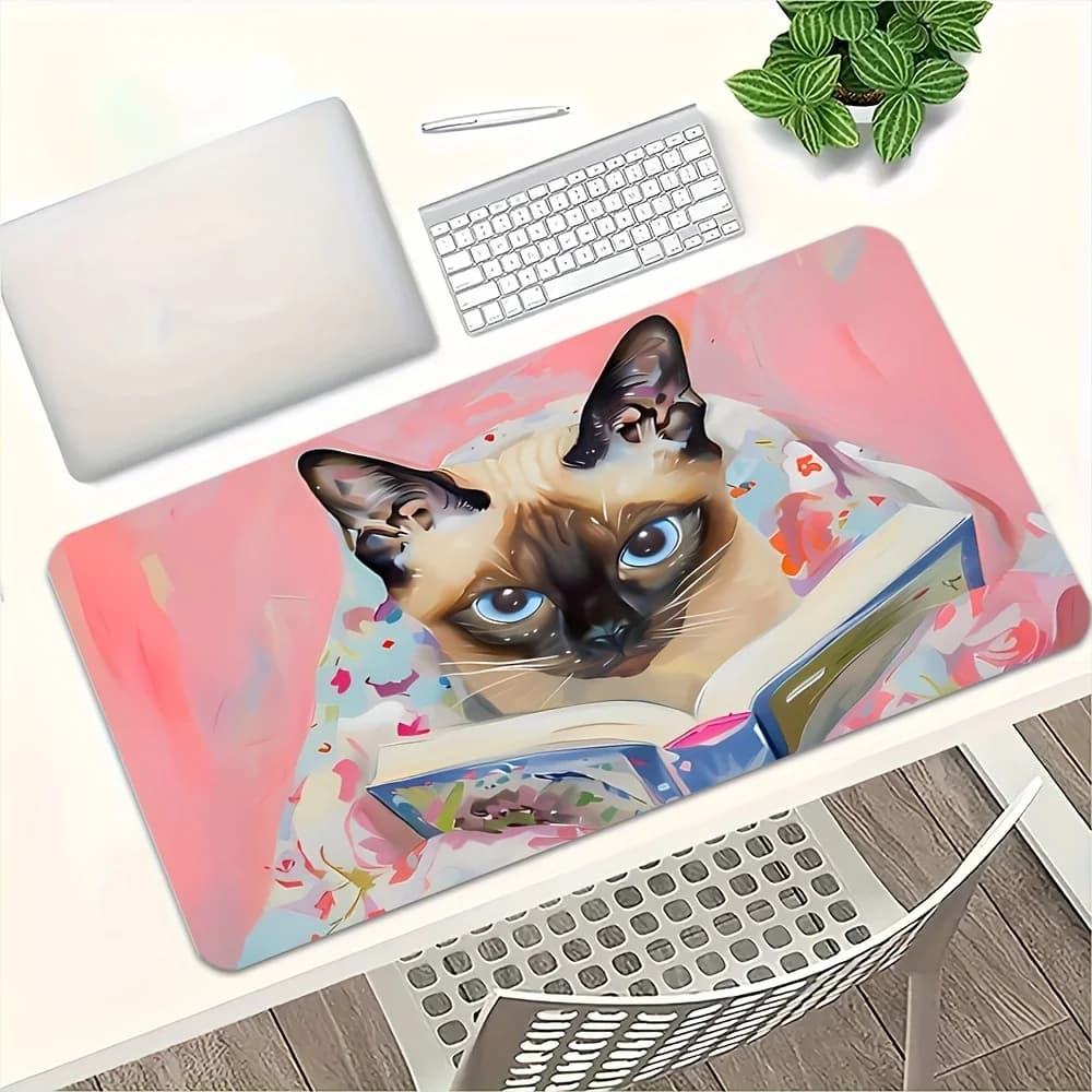 Simpatico tappetino per mouse grande con gatto siamese che legge, tappetino da scrivania XL per gaming, base in gomma antiscivolo, tappetino estetico per ufficio