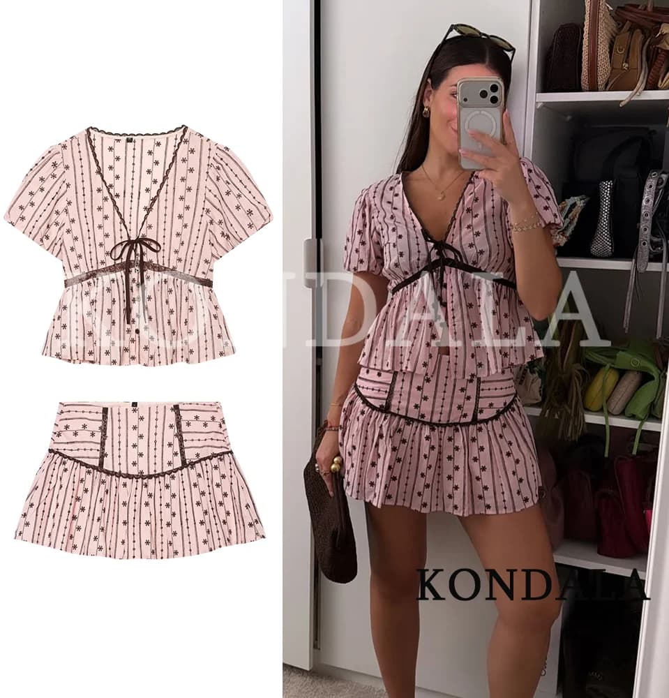 KONDALA Women Summer Chic Embroidery Skirts Set Holiday Elegant Lace V-Neck Shirt,Mini Culottes 2026 Trendy Party Sweet Cute Set