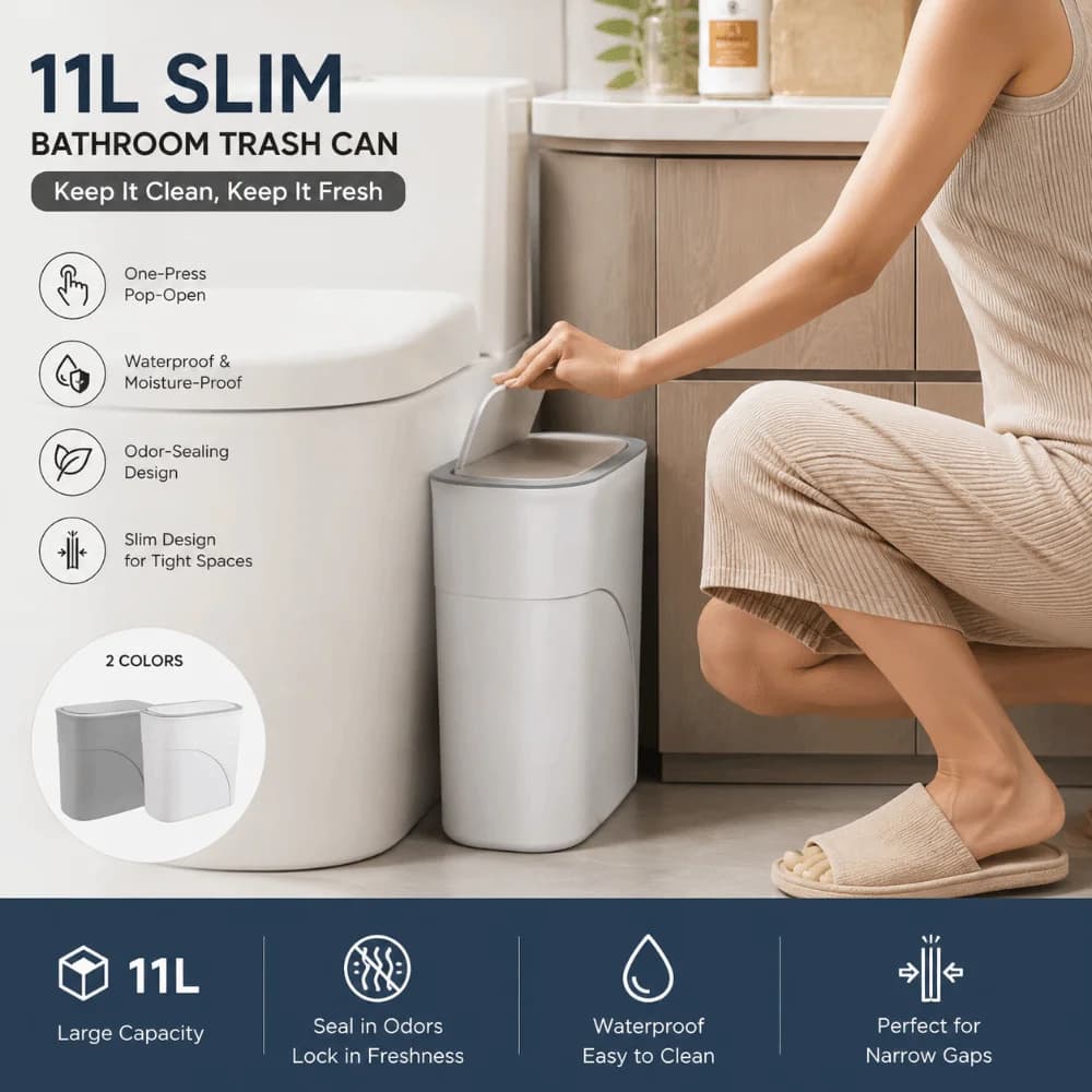 Slim Narrow Gap 11L Bathroom Trash Can Odor-Free Seamless Waterproof Garbage Bin One-Touch Pop-Up with Lid Living Room Dustbin