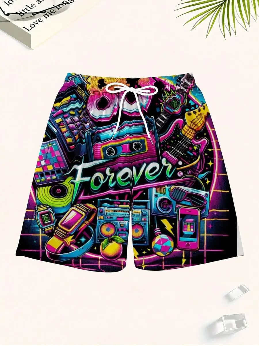 90s Forever Neon Retro Music Swim Trunks Men Beach Shorts With Drawstring Vibrant 80s 90s Pop Culture Graphics