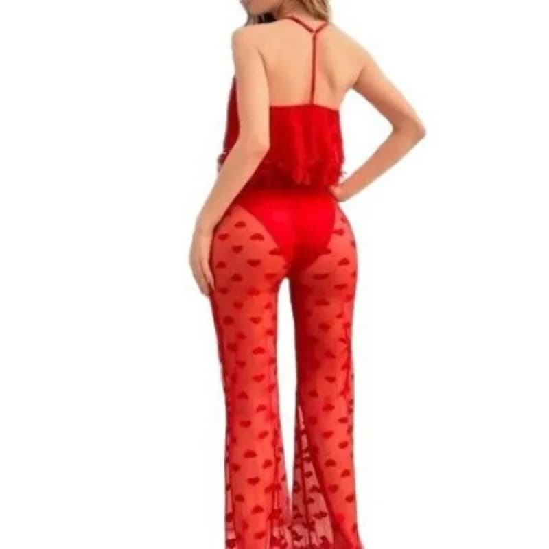 Set Due Pezzi in Pizzo Trasparente con Canotta e Pantaloni, Pigiama Rosso con Cuori, Taglie Grandi, Stile Europeo e Americano, Sexy Pigiama Cross-Border