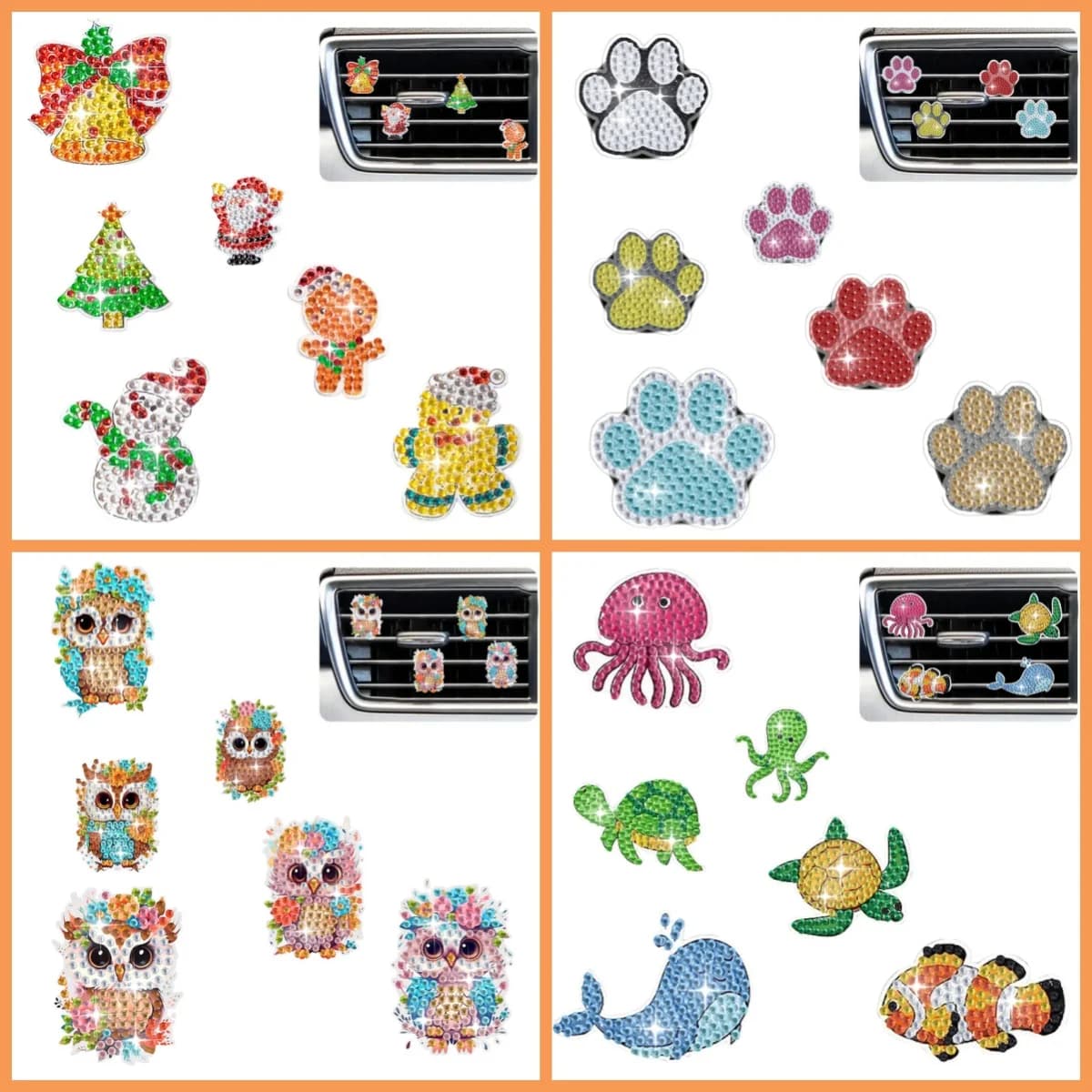 6-Piece Diamond Painting Kit, Car Decoration Animals, Snowman Pattern, Acrylic Material, Car Interior Decoration, Holiday Gifts